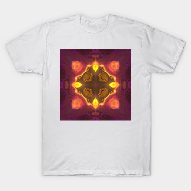 Psychedelic Kaleidoscope Square Yellow Orange and Purple T-Shirt by WormholeOrbital